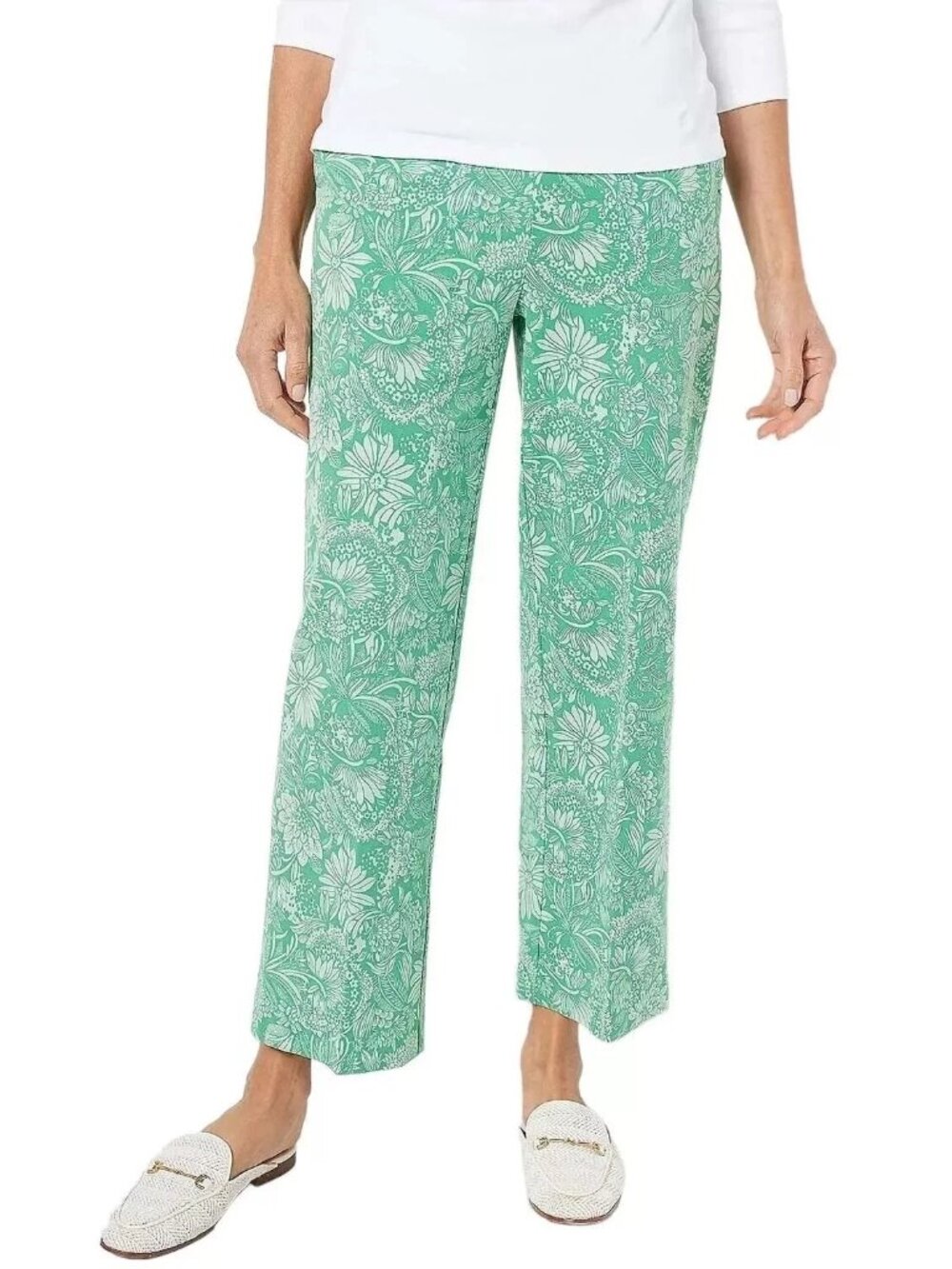 Isaac Mizrahi Live Pants 32W Printed 24/7 Stretch Wide Leg Safari Green NEW